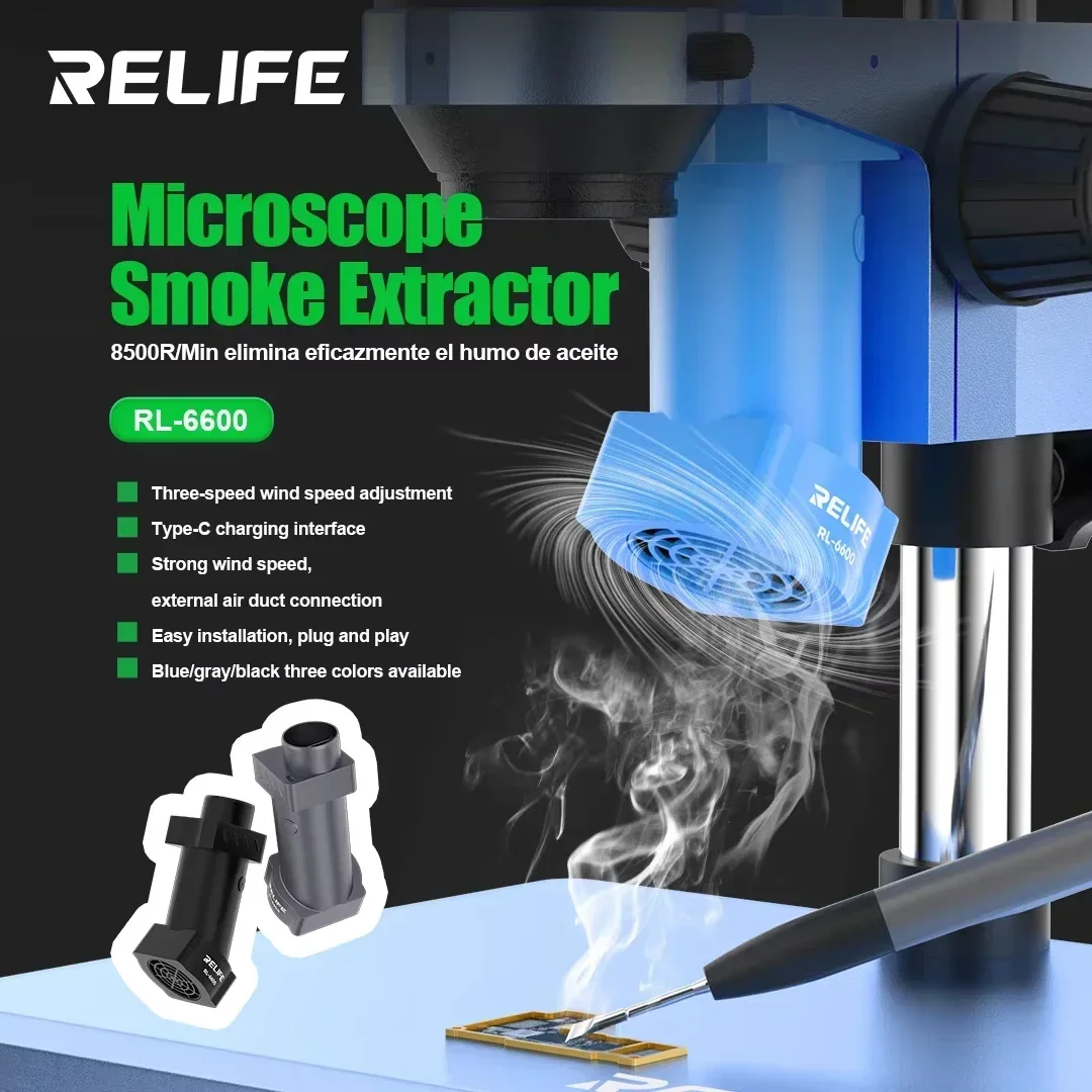 RELIFE RL-6600 Microscope Smoke Extractor Type-C Charging Interface Powerful Airflow Smoke Exhaust Fan Tool For Microscopes