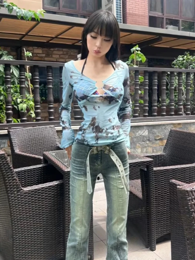 النمط الأمريكي الأزرق التعادل صبغ شبكة طباعة تي شيرت مثير سليم صالح الجوف خارج تي شيرت Y2k كم طويل حماية الشمس القمم النساء