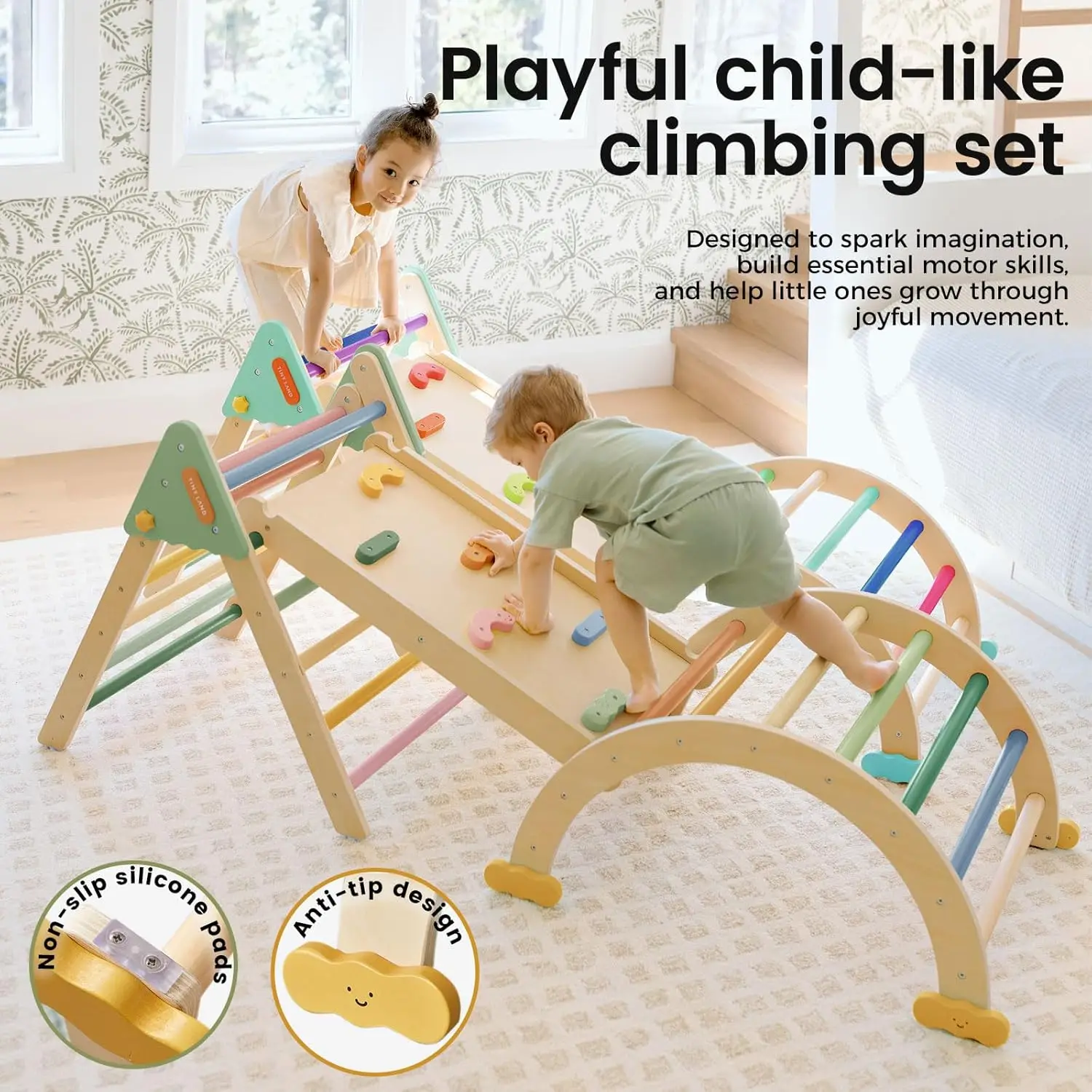 Zestaw Trójkątów Pikler, Składany Montessori 7w1 Zabawki do Wspinaczki dla Niemowląt do Użytku Wewnętrznego, Drewniana Placówka Zabaw Jungle Gym dla Dzieci, Prezent dla Wspinacza