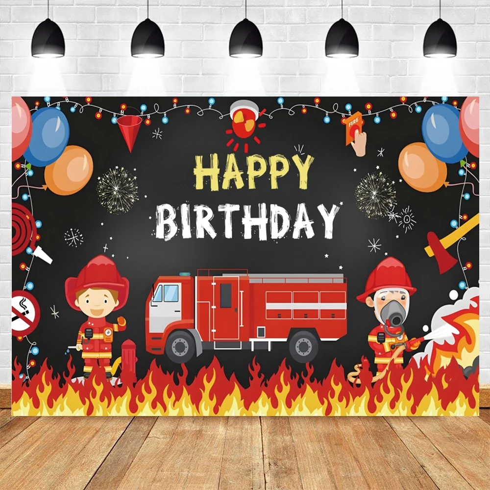 Firefighter Birthday Party Backdrop Fireman Fire Truck  Boy Birthday Party Decoration Banner Baby Shower Photography Background