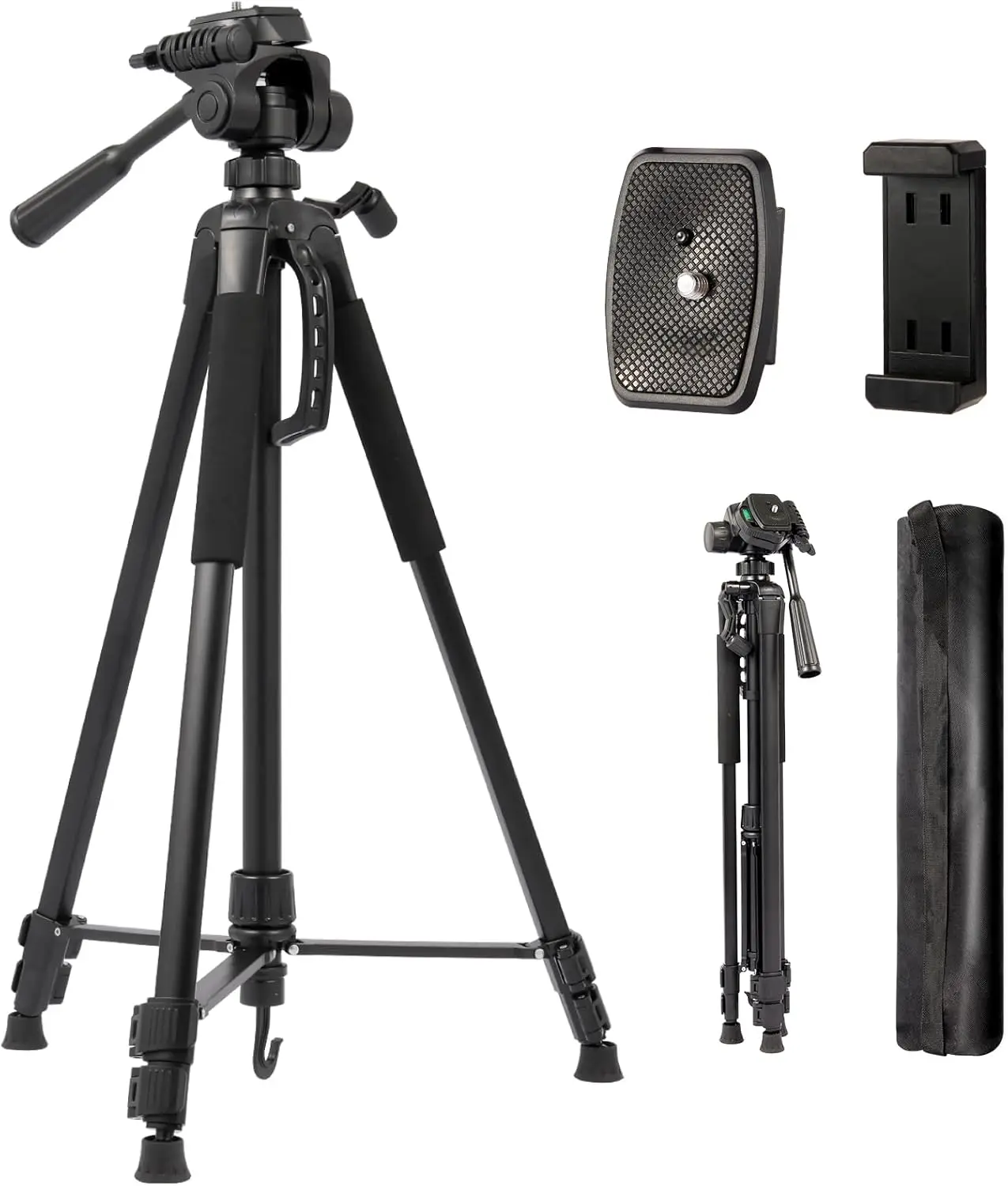 Soporte para trípode profesional de 68' con soporte para teléfono y bolsa de transporte, altura ajustable, carga máxima de 11 libras (negro)