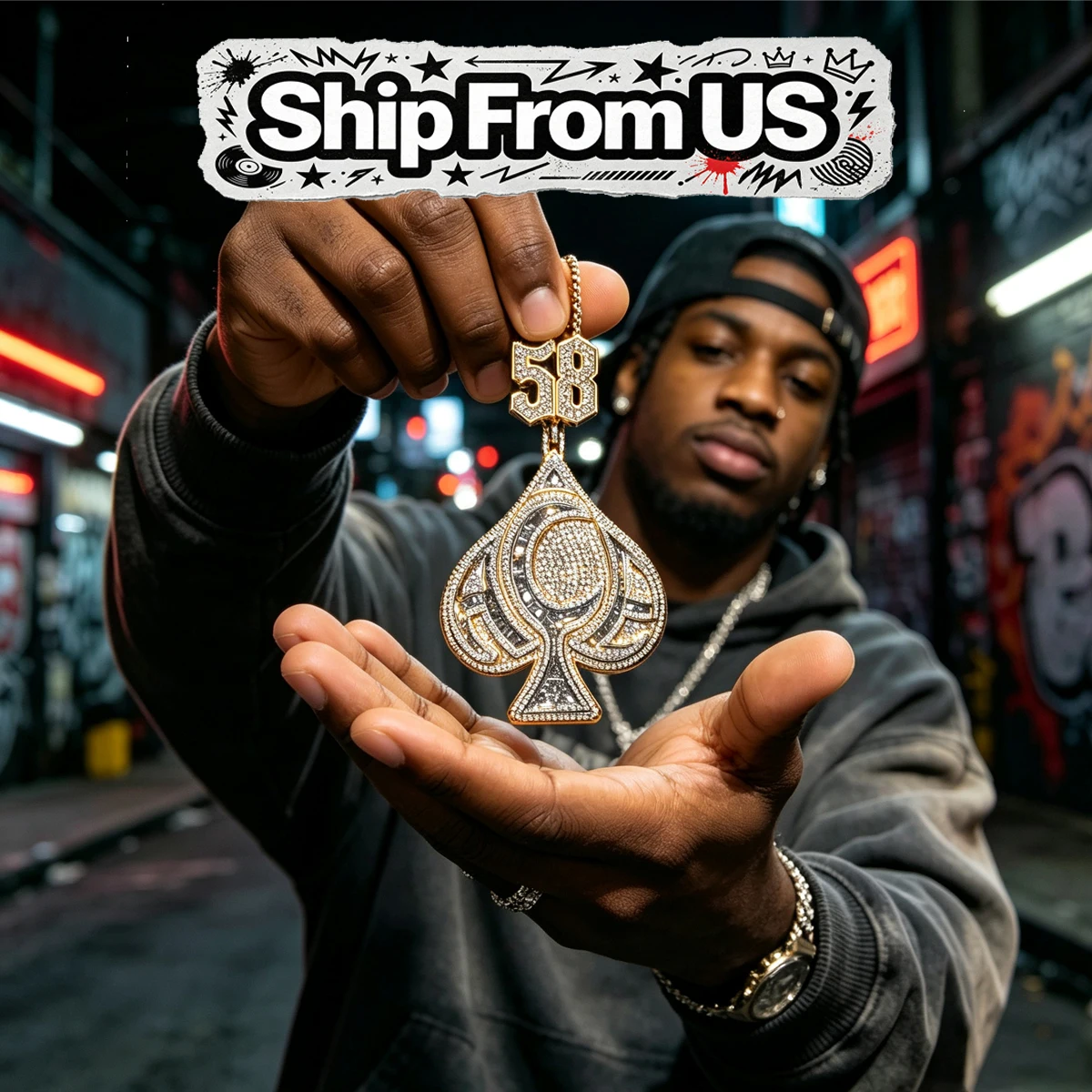 Sparkling Statement Spade Design With Number 58 Pendant Fine Jewelry Gifts for Men Boy Friends Daily Party Performance Iced Out Hip Hop Bling Zircon Charm Necklace 18K Gold Plated Luxury Jewelry For Men Rapper Streetwear Cuban Chain Accessories