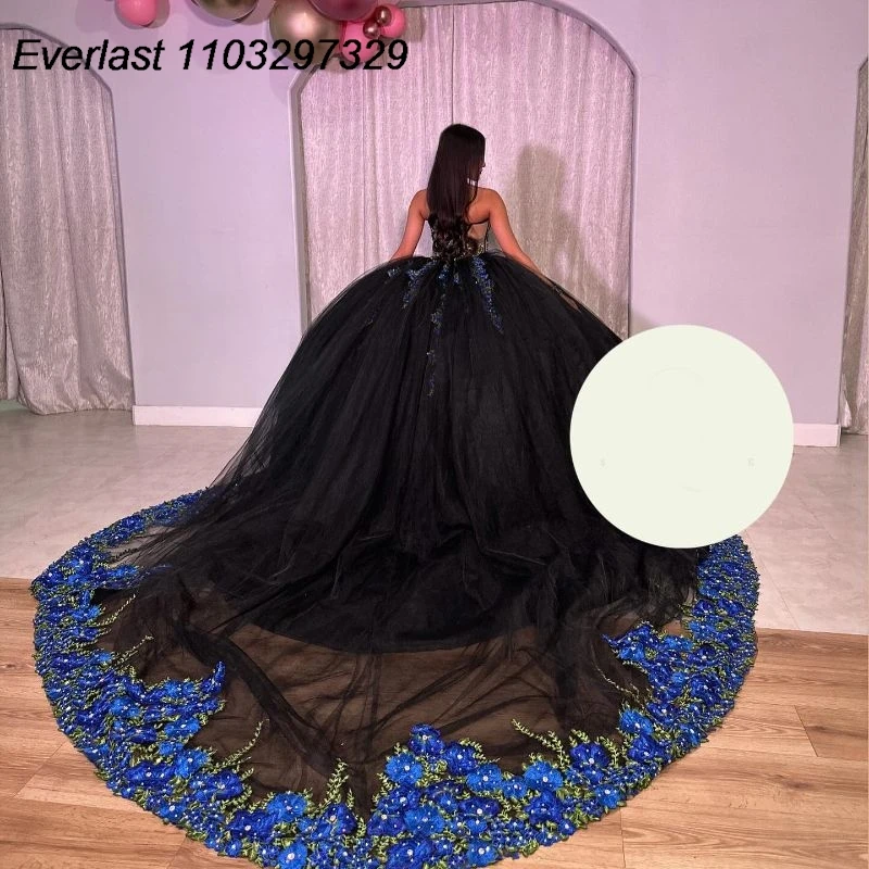 EVLAST Glitter Black Quinceanera Dress Ball Gown 3D Royal Blue Floral Applique Beading corsetto Sweet 15 Vestido De 15 Anos TQD568