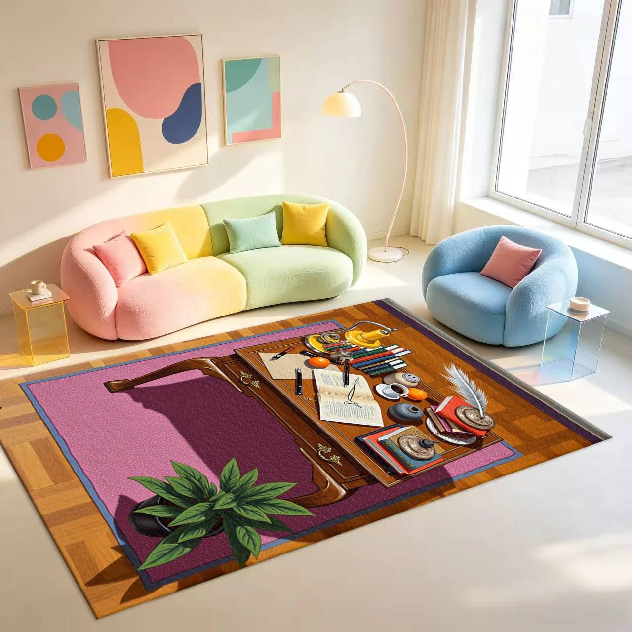 Vintage Office Desk Stationery Still Life Art Carpet Floor Retro Painting Style Home Decor Floor Carpet
