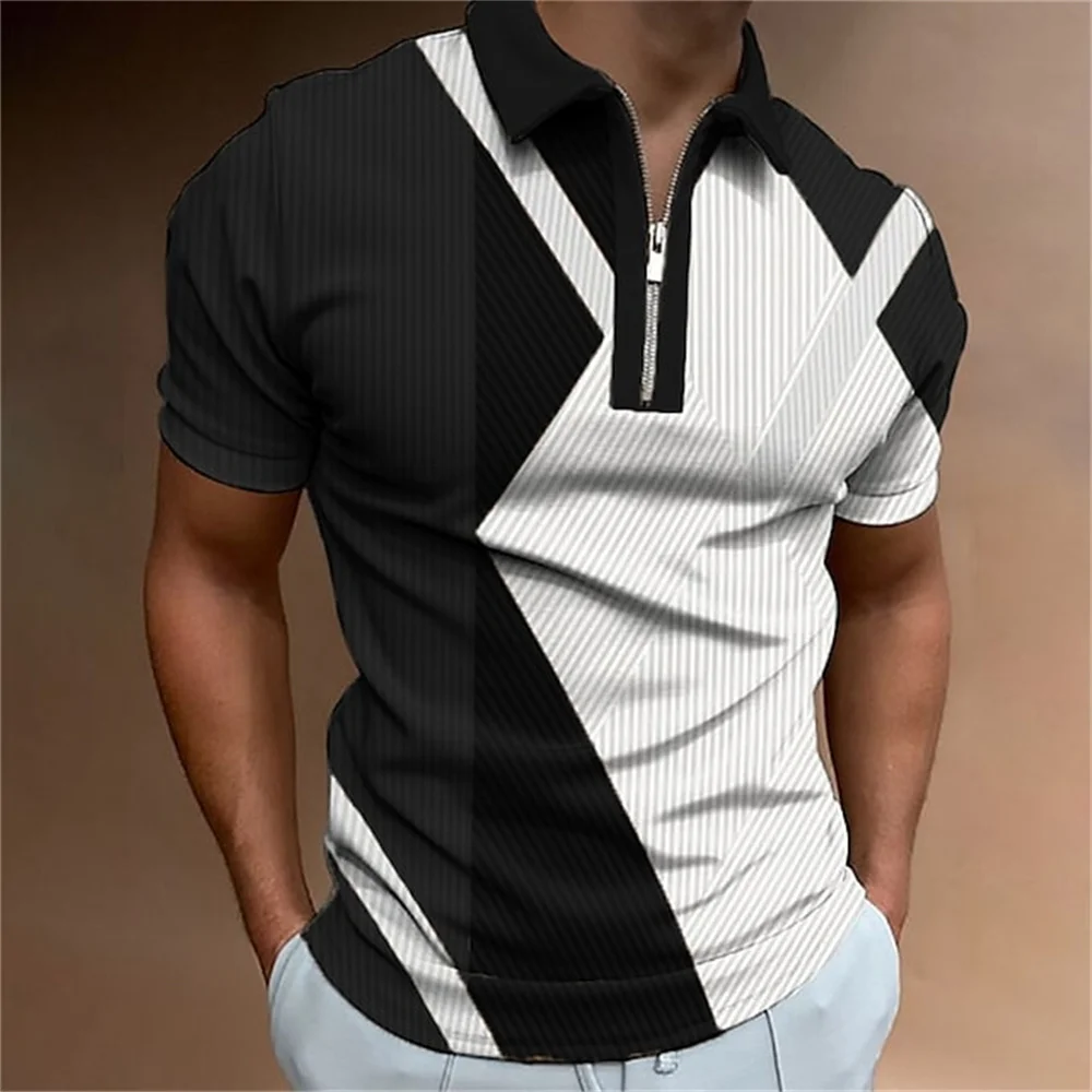 

Men Polo Shirts Summer High Tops T-shirts Quality Casual Daily Short Sleeve Striped Mens Shirts Turn-Down Collar Zippers Tees