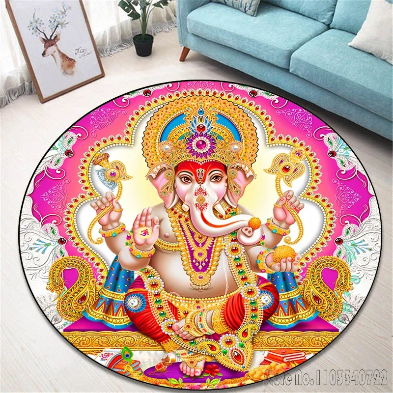 Runder Teppich mit indischem Elefantengott, Ganesha, 120 cm, Krabbelspiel, rutschfeste Bodenmatte für Kinderteppich, Wohnzimmerdekoration