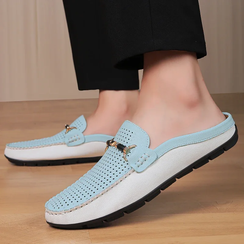 Mens Casual Metal Buckle Half Loafers Punching Shoes Men Leather Slippers Breathable Male Shoes Comfy Stylish Muller Moccasin