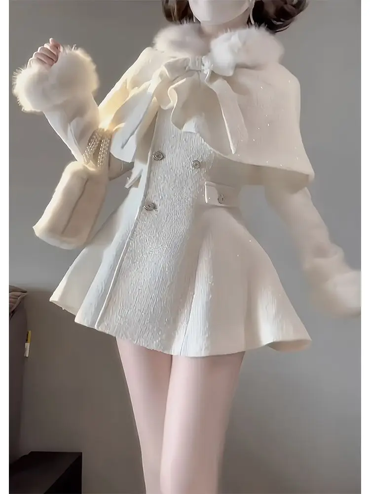 French Solid Elegant Princess Mini Dress Women Double Breasted Fur Trim Bow Detail Slim Fit Bodycon Party Night Outfit 2026 New