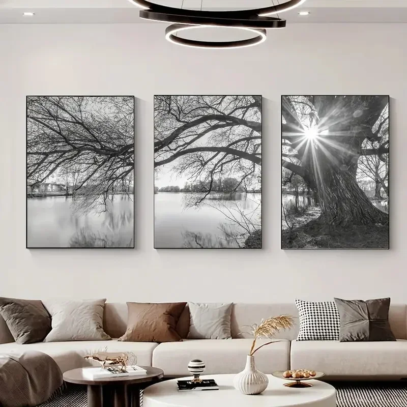 3pcs Poster Stunning Big Tree Lake Sunset Landscape Canvas Painting for Living Room Bedroom and Study Decoration Wall Posters