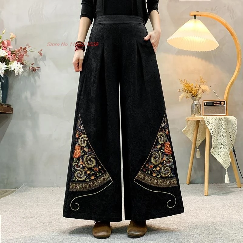 

2025 chinese retro cotton linen jacquard pants national flower embroidery ethnic pants vintage elastic waist wide leg trousers