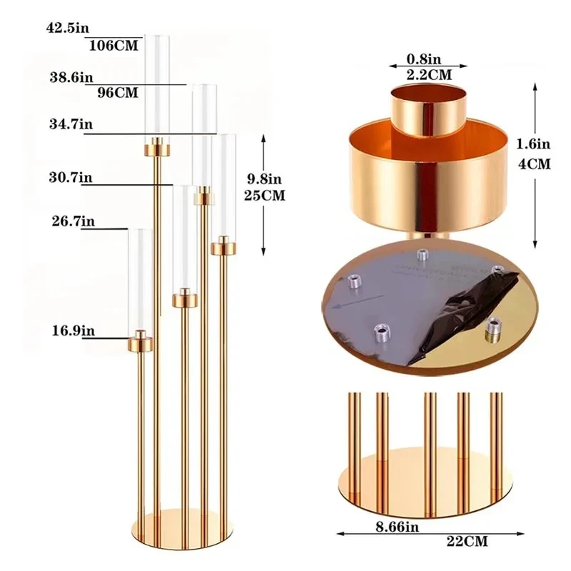 5pcs 10pcs 8heads Gold Acrylic Candle Holder Pillar Candles Metal Stand for Wedding Stage Decoration Walkway