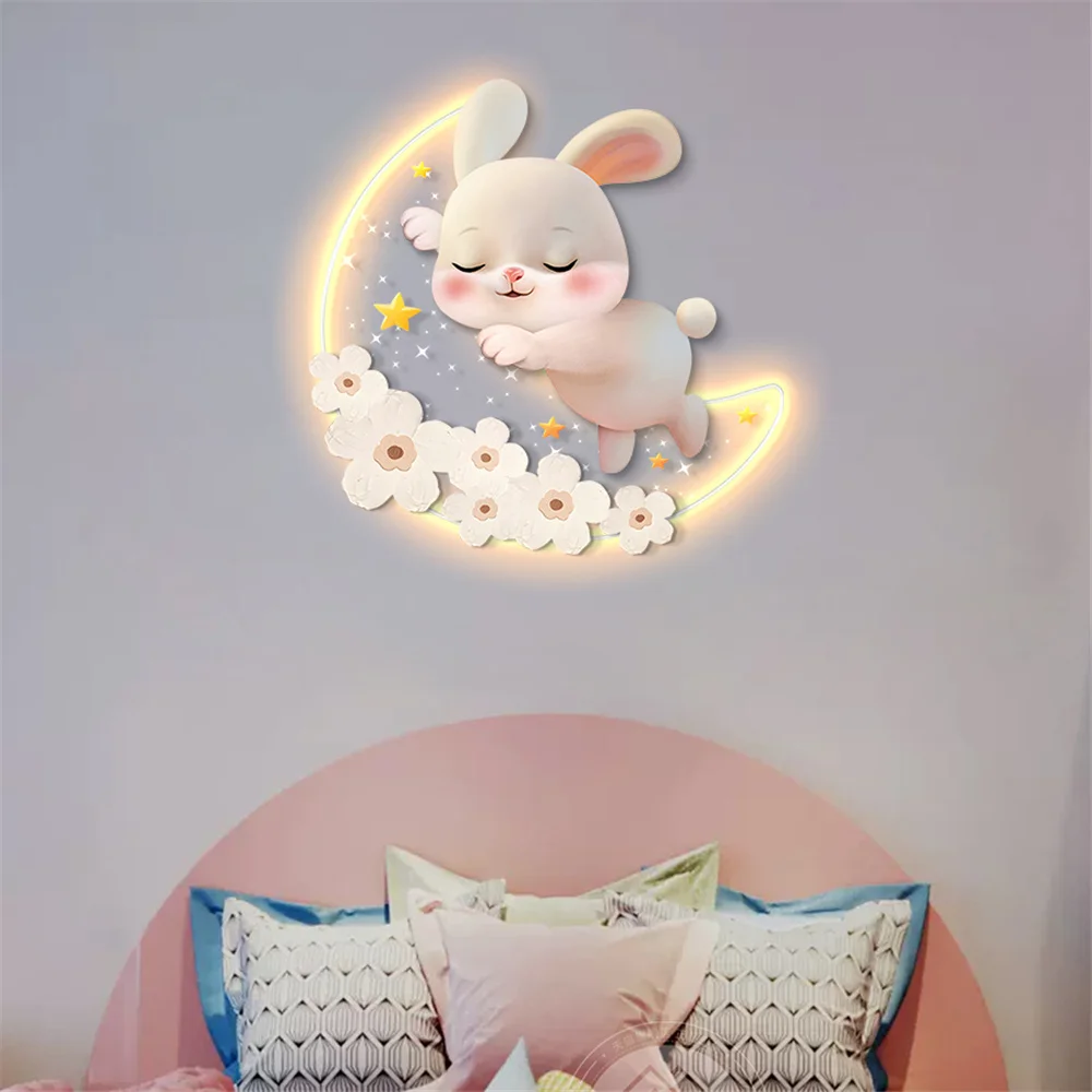 Cartoon Strawberry Rabbit Decorative Painting Led Wall Lamp Girls Bedroom Bedside Atmosphere Light Kids Acrylic Mural Sconces