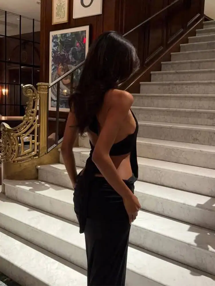 Ahagaga Mode Halter frauen Maxi Kleider Solide Tiefem V-ausschnitt Ärmellose Blackless Bandage Mantel Bodycon Party Vestidos Roben