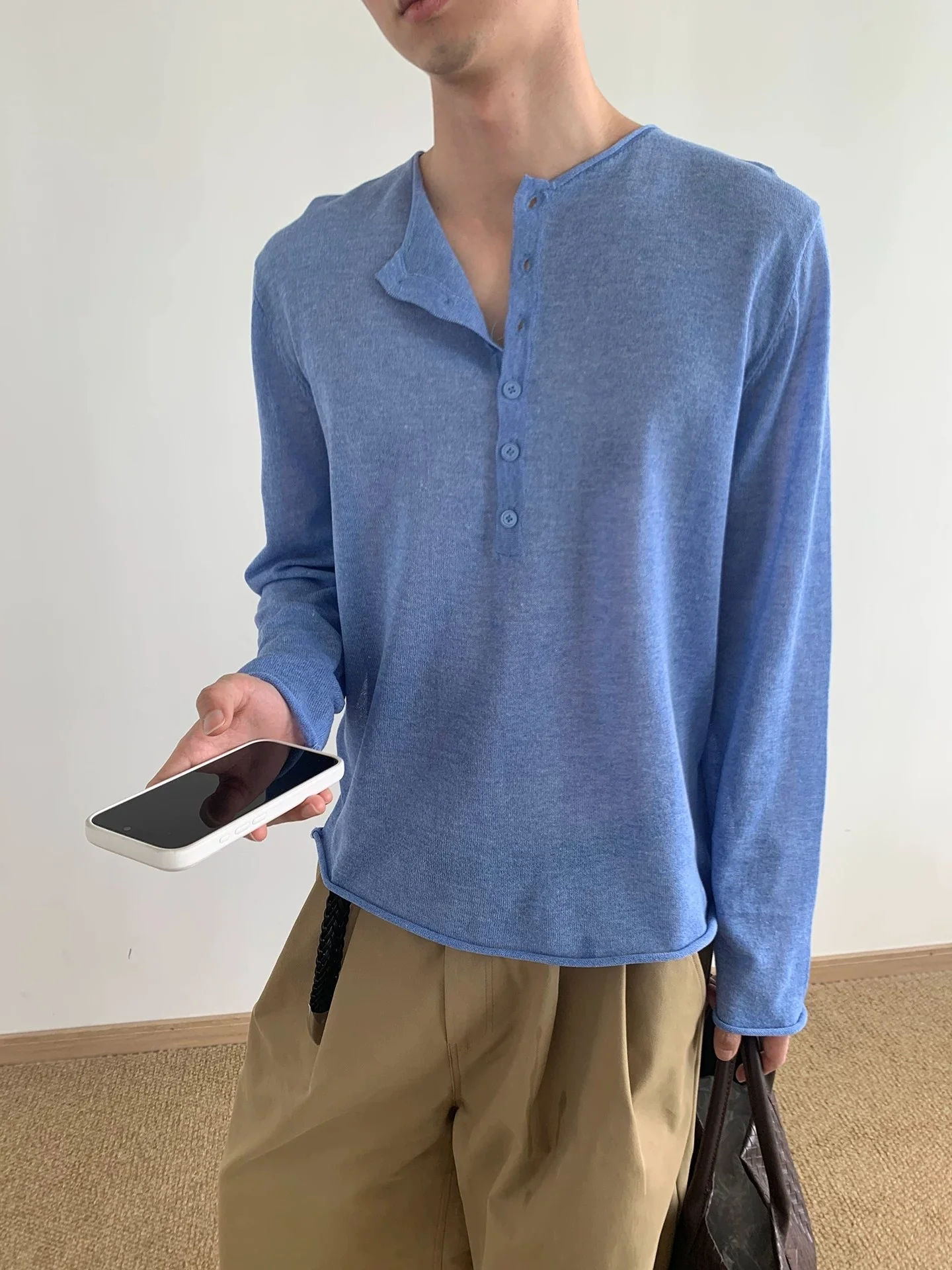 Cleanfit Henry Collar Long Sleeve T-Shirt Men's Thin Minimalist Lazy Loose Cuffed Casual Sun Protection Top Breathable UV Pro...
