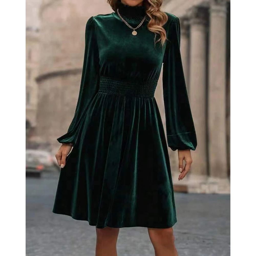 Christmas Women Ruched Long Sleeve Frill Ruched Velvet Midi Dress Autumn Fashion Femme Long Streetwear Dresses