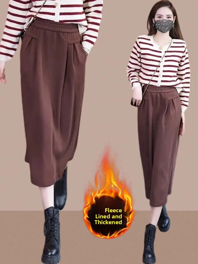 Autumn Winter Woolen A-Line  Skirt Women's Warm Straight Cut Skirt Korean Style Commute Pure Color Small Size Dresses
