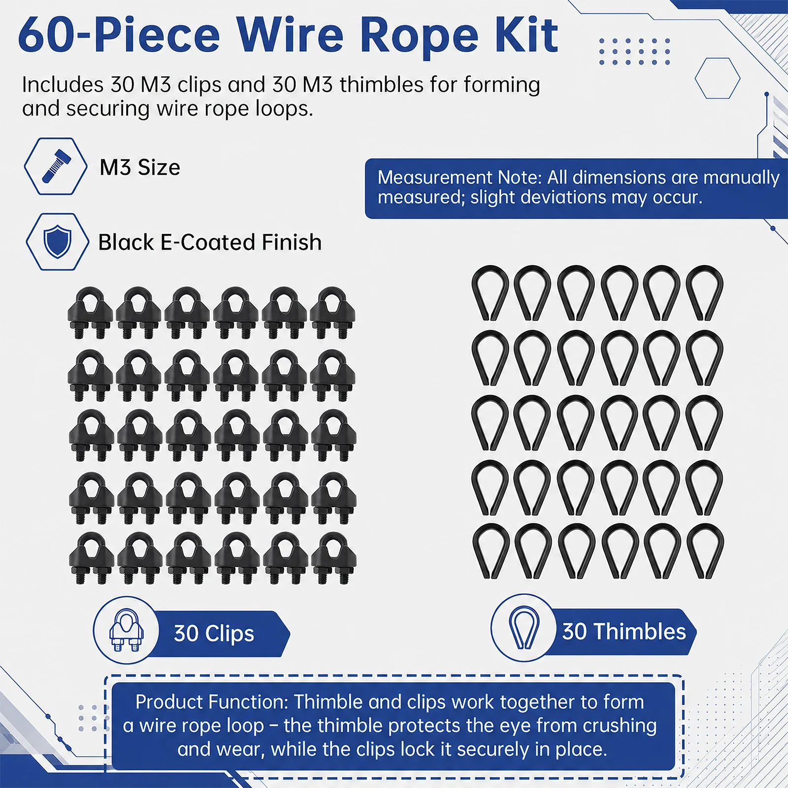 1/8 in (M3) Black Coated Wire Cable Clamps Kit with M3 Thimble for String Lights / Outdoor Wire / Clothes Line