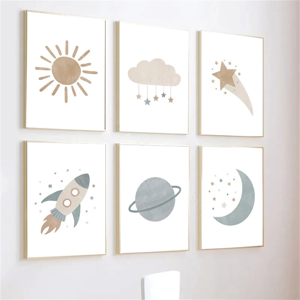 

Sun Star Moon Nursery Art Prints Rocket Planet Canvas Poster Cloud Wall Painting Nordic Print Pictures Kids Boy Room Decoration