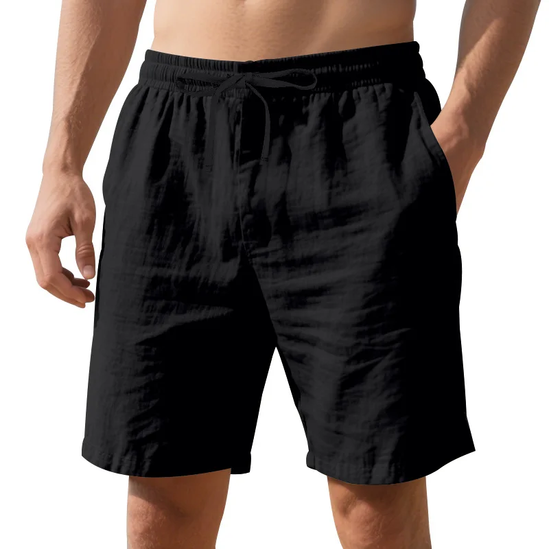 New Men's Lightweight Breathable Cotton Linen Shorts Summer Casual Beach Style Basic Solid Color Sweatpants with Elastic Waist