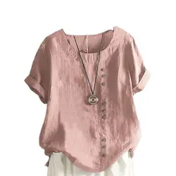 Women Single-breasted Decoration O Neck Pullover Shirt Vintage Cotton Linen Short Sleeves Blouse Comfortable Casual Female Tops