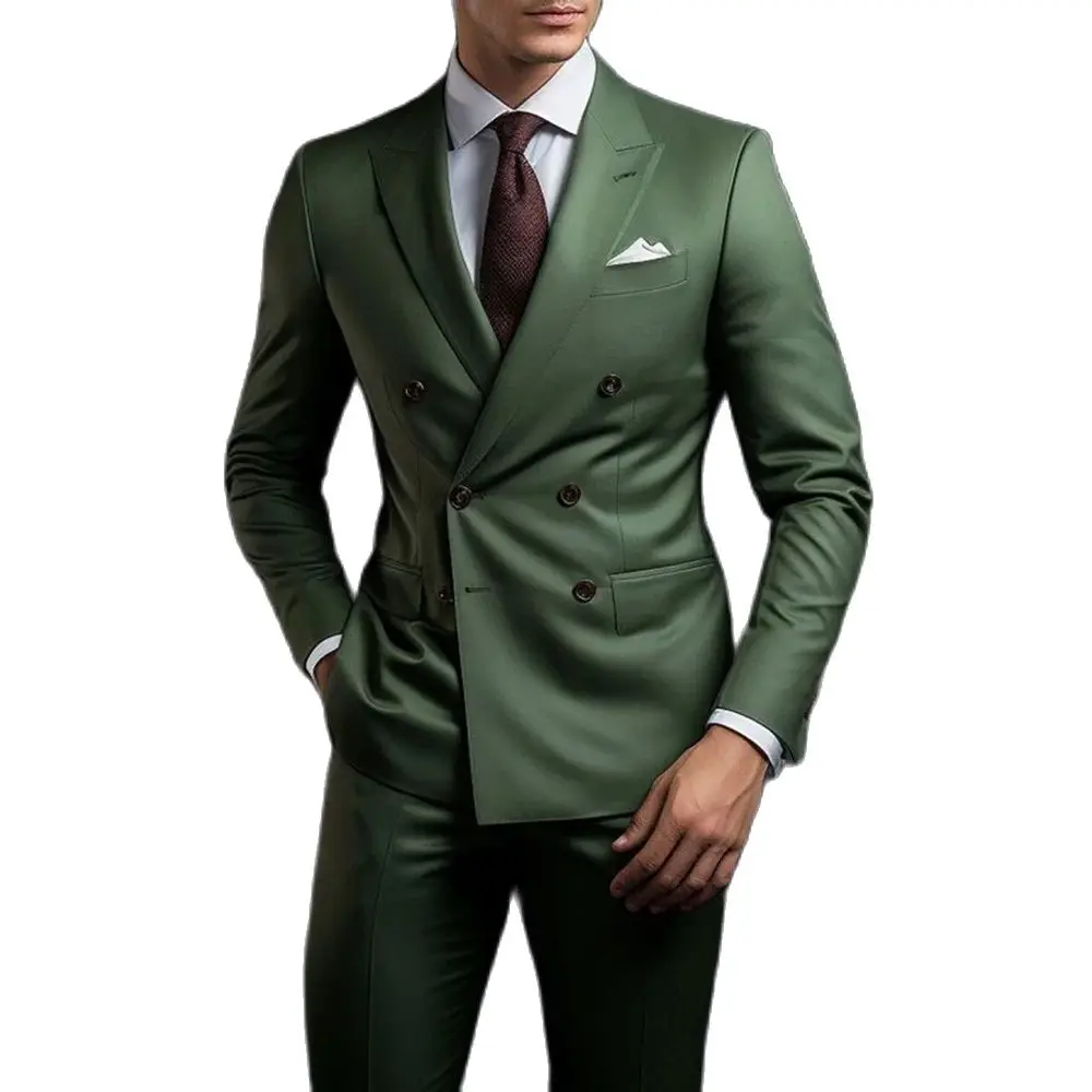 Double Breasted Green Peak Lapel Formal Party Men\'s Suit Regular Length Elegant Blazer 2 Piece Jacket Pants Luxury Male Clothing