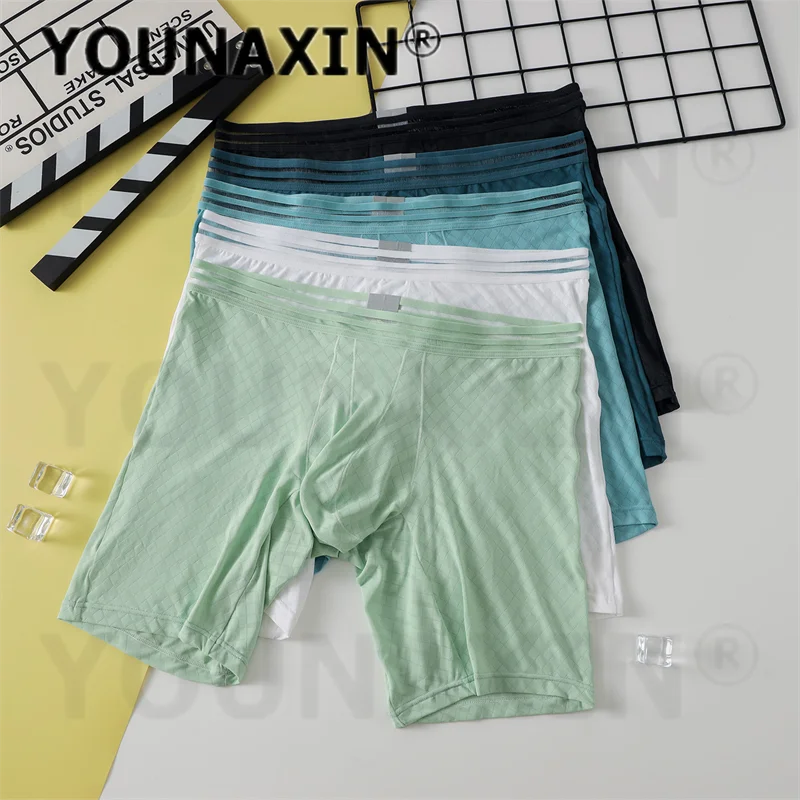 5 Pieces Men's Mid Waist Ice Silk Boxer Briefs Long Leg Breathable Quick Dry Sports Underwear Big Size Sexy Comfort Panties