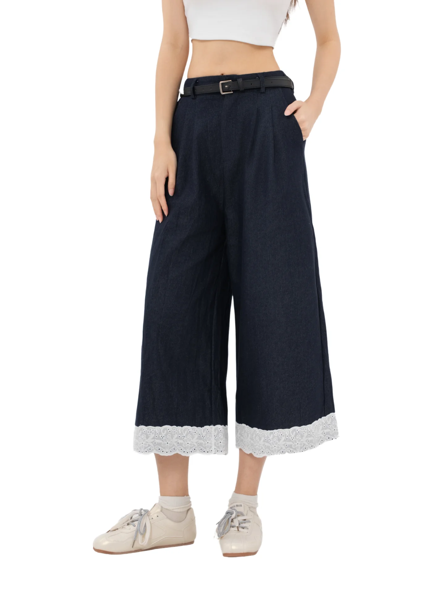 

High Waist Wide Leg Jeans Women's Spring New Style Lace Splicing Loose Casual Elastic Waist Nine Points Pants Deep Color