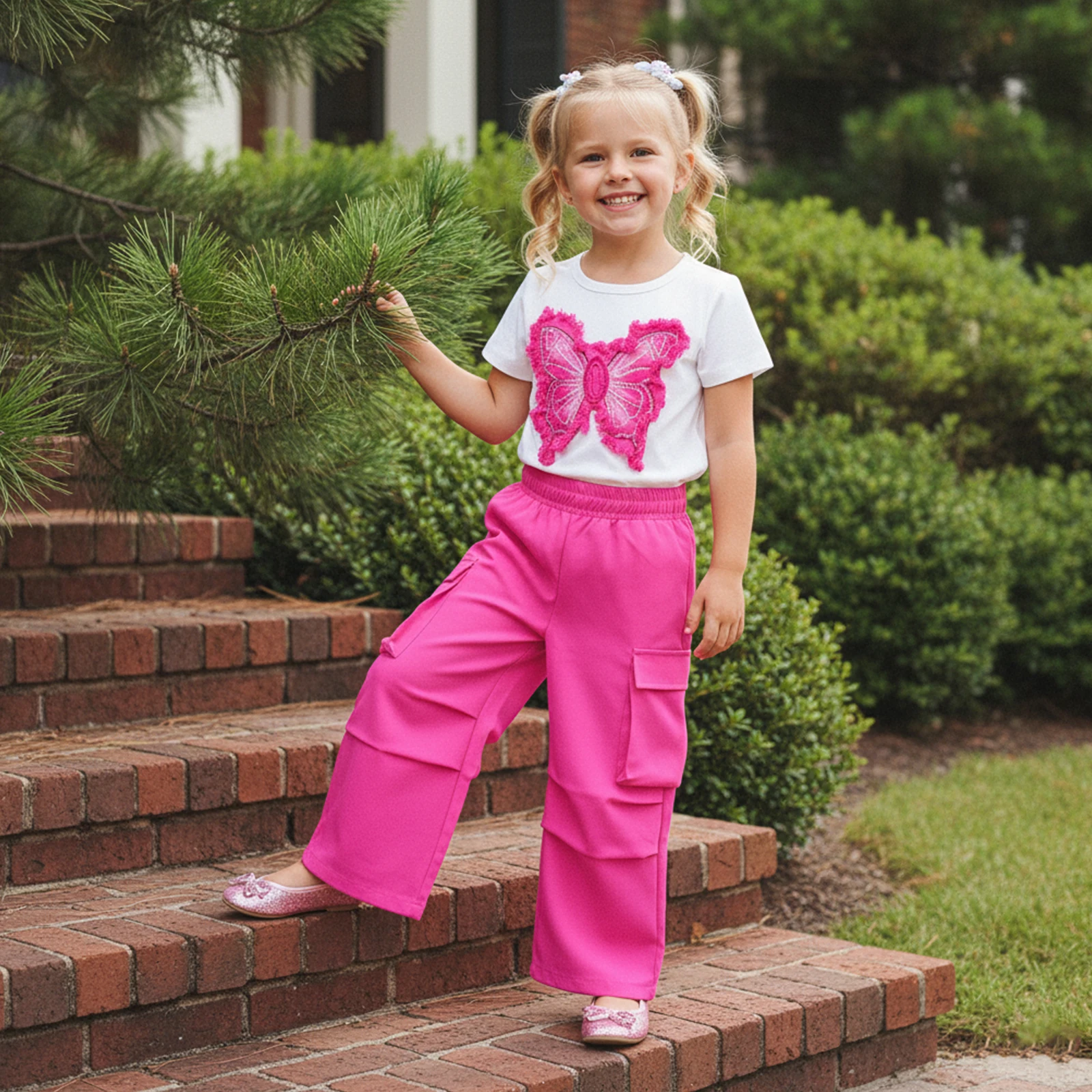 Little Girls 2 Piece Outfits Creative Butterfly Patchwork Short Sleeve Crew Neck t Shirt Tops Elastic Waist Pants Gilrs Sets