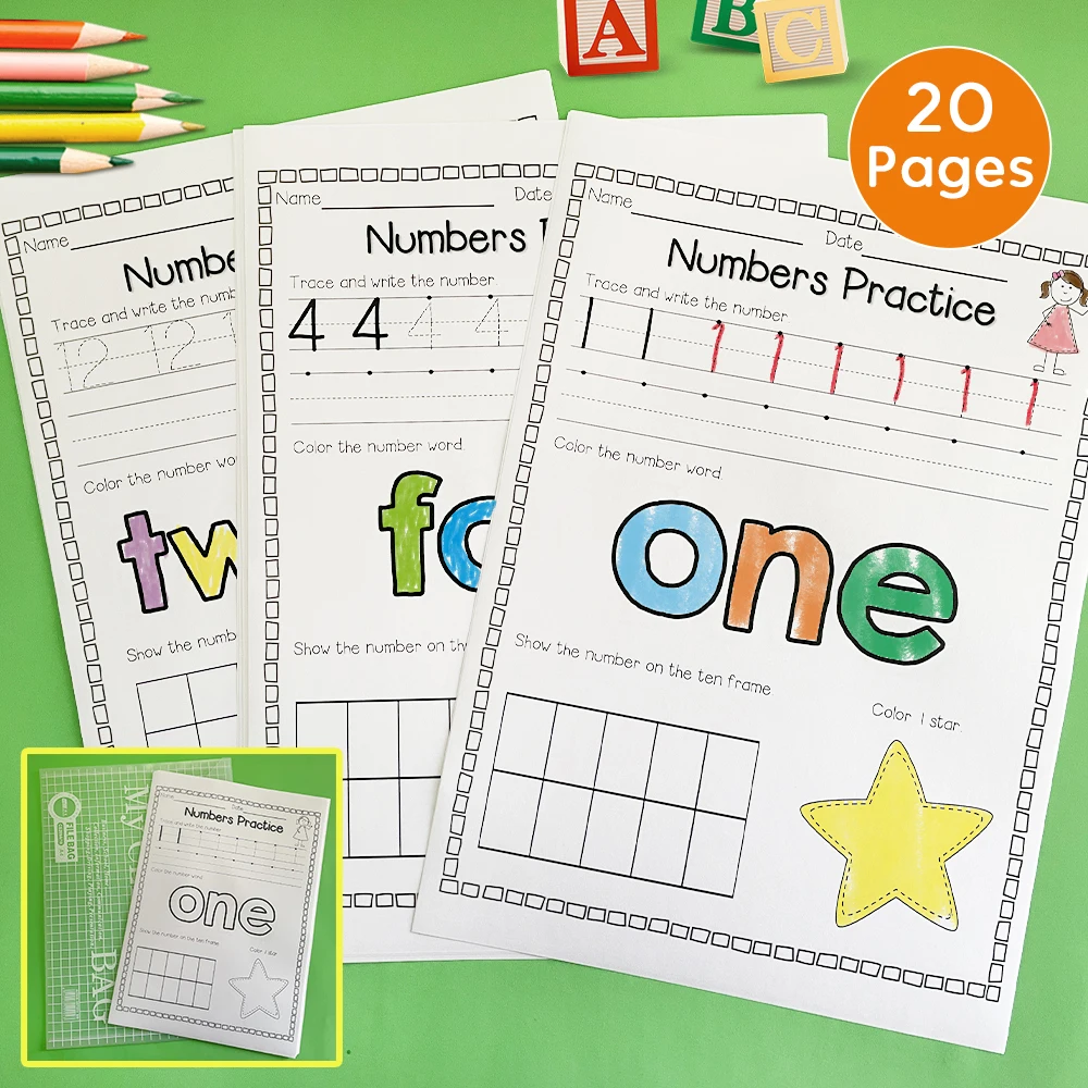 20 Pages Children's 1-20 number practice sheets Number Tracing Practice Math Cognition Learning toys for Kids Pre K  Preschool