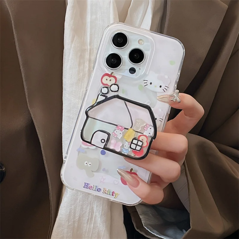 Cute Cartoon Butterfly Hello Kitty Shake Holder KT Phone Case For iPhone 13 12 14 15 16 Pro Max Funny Kitty Stand Protect Cover