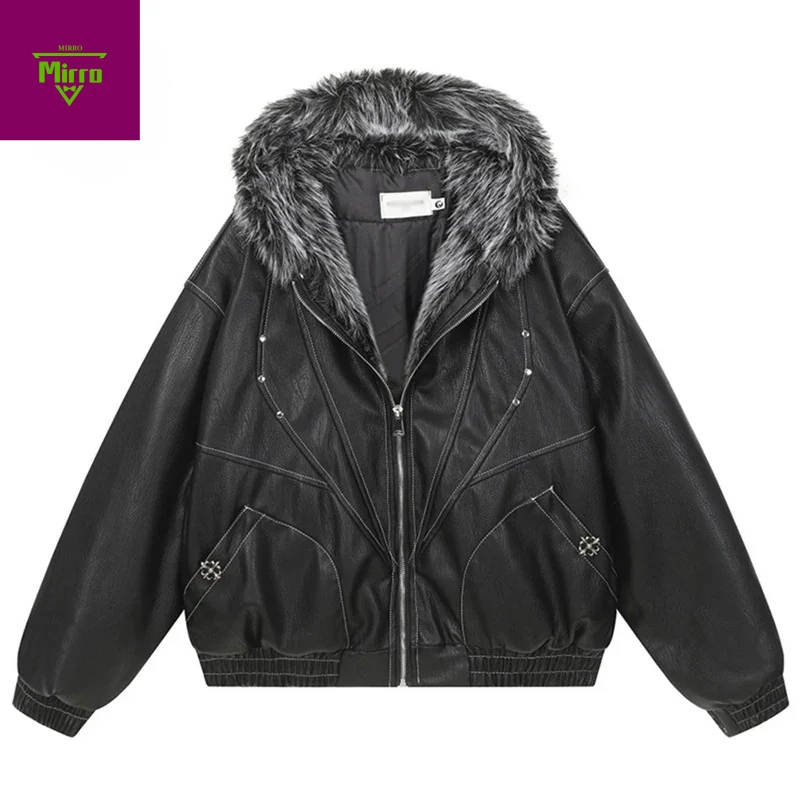 

Men's Winter Jackets Fur Collar Thicken Warm Parkas PU Leather Padded Coat Streetwear Harajuku Hip Hop Oversized Jackets Outwear