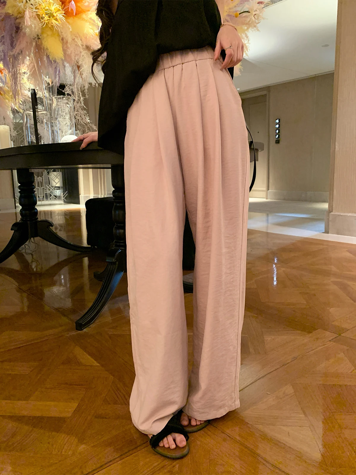 

Pink High Waist Straight Leg Casual Pants Women's Summer New Elastic Waist Slimming Thin Long Trousers Comfortable Commute Sle