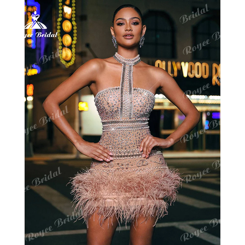 Glam Feather Prom Dress High Halter Rhinestone Mesh Mini Evening Dress Women's formal evening gowns Party Dress Customized image 4