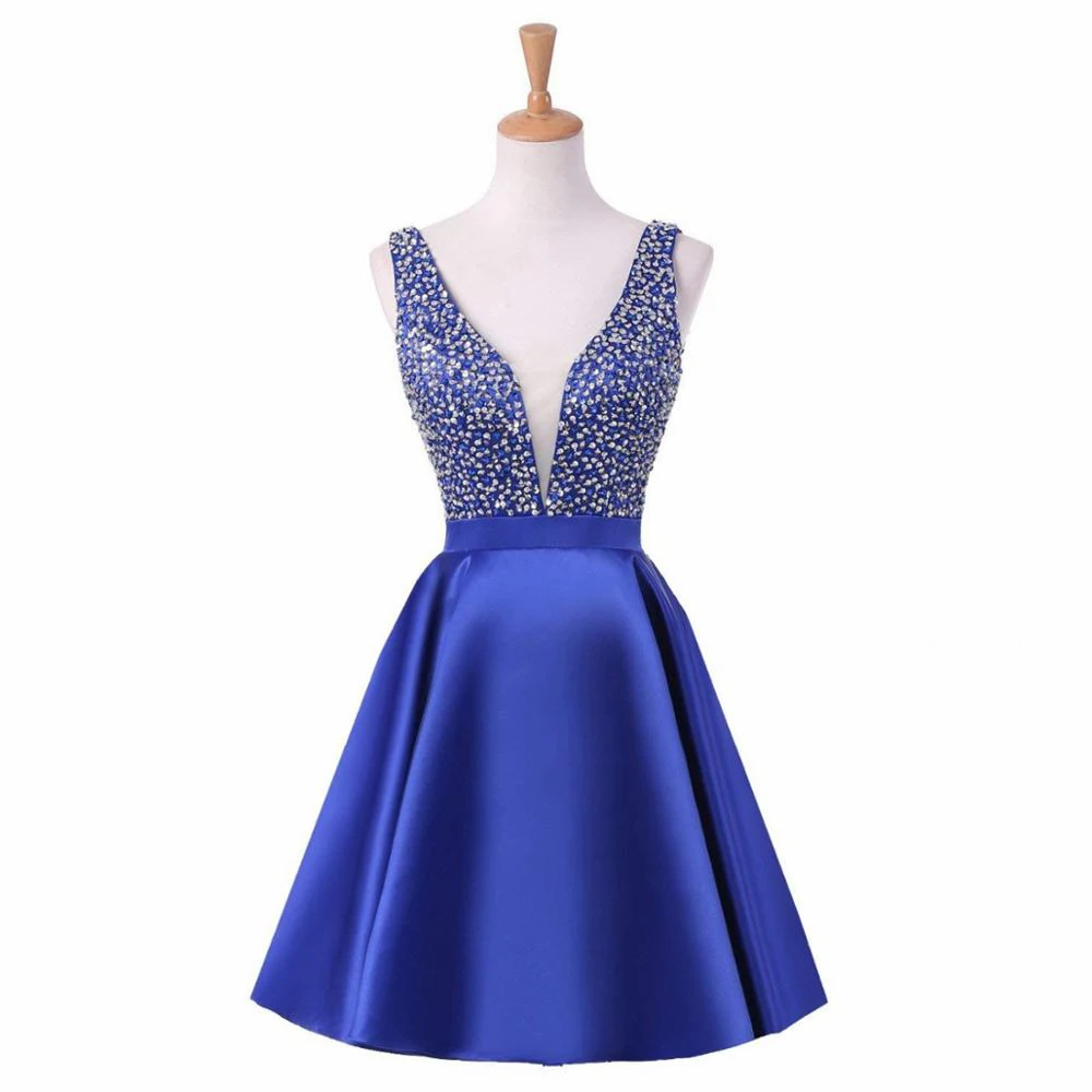 

GUXQD V-Neck Short Homecoming Dresses Vestidos De Festa Sparkly Beading Satin Graduation Formal Cinderella Party Gowns