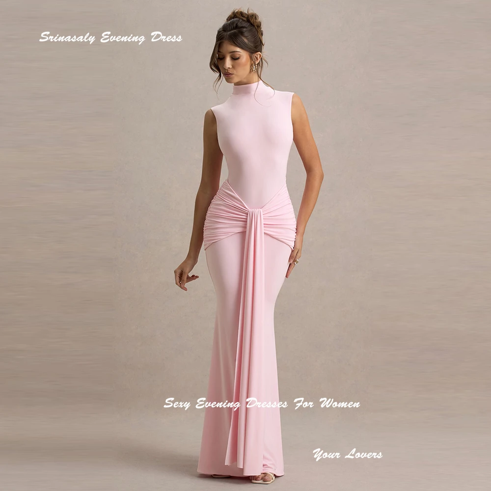 

Crepe Customized Pink Evening Dresses O-Neck Cocktail Party Gowns With Knot Straight Pleated Sleeveless Ruched Prom Dress