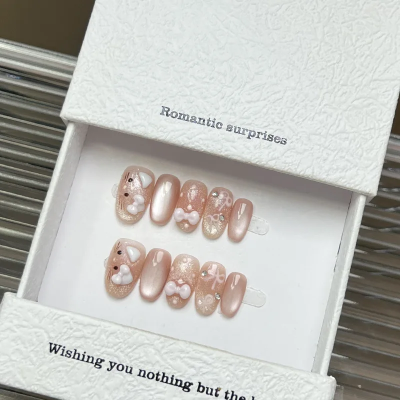 

10pcs Handmade Pink Press on Nails Sweet Bow Design Round Head Fake Nail Tips Wearable Reusable Shiny Cat Eye Korean False Nails