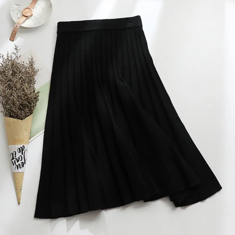 Elegant Fashion Solid Color Knit Pleated Skirt Autumn Winter A-Line Trend All-match Elastic High Waist Skirts Women\'s Clothing