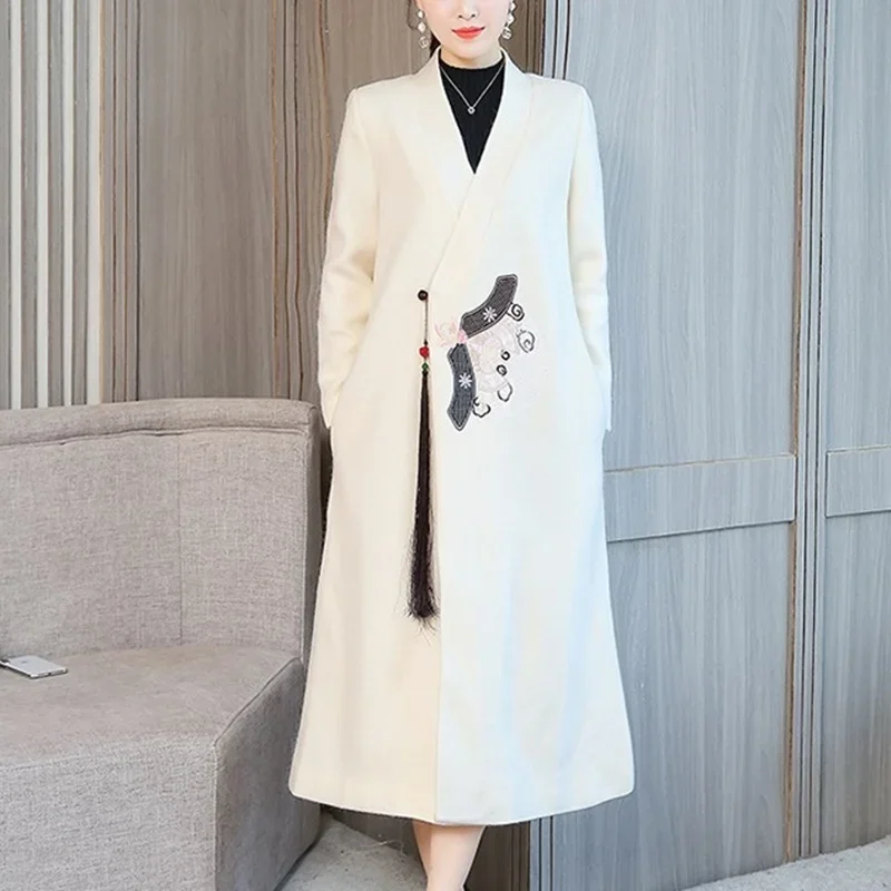 Traditional Chinese Clothing Meditation Clothes Long Tang Suit Winter Woolen Long Coat Chinese New Year Trench Outerwear 11630