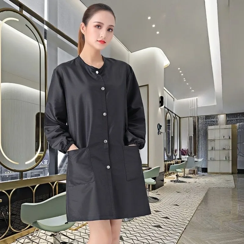 Fashion Waterproof Oil Proof Dirt Long Sleeved With Pockets Apron Women's Painting Cooking Pinafore Nail Salon Beauty Workwear