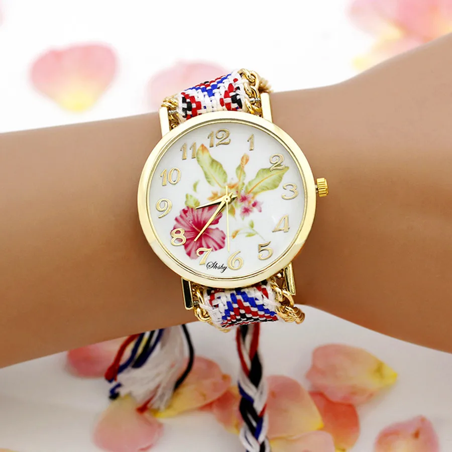 Shsby New Ladies Flower Woven Nylon Rope Wrist Watch Fashion Women Dress Watch High Quality Quartz Watch Sweet Girls Watch