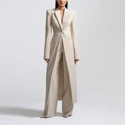 Fashion Beige Women's Blazer PantsSuit Peak Lapel Long Coat Wedding  Formal Suits Office Lady Jacket Pant 2 Piece