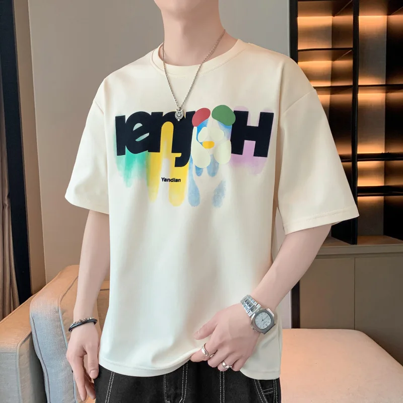 

Summer Men Plus Size Trendy Hong Kong Style Round Neck Short Sleeve T-shirt Loose Fashion Casual Letter Print 7xl 8xl 130kg