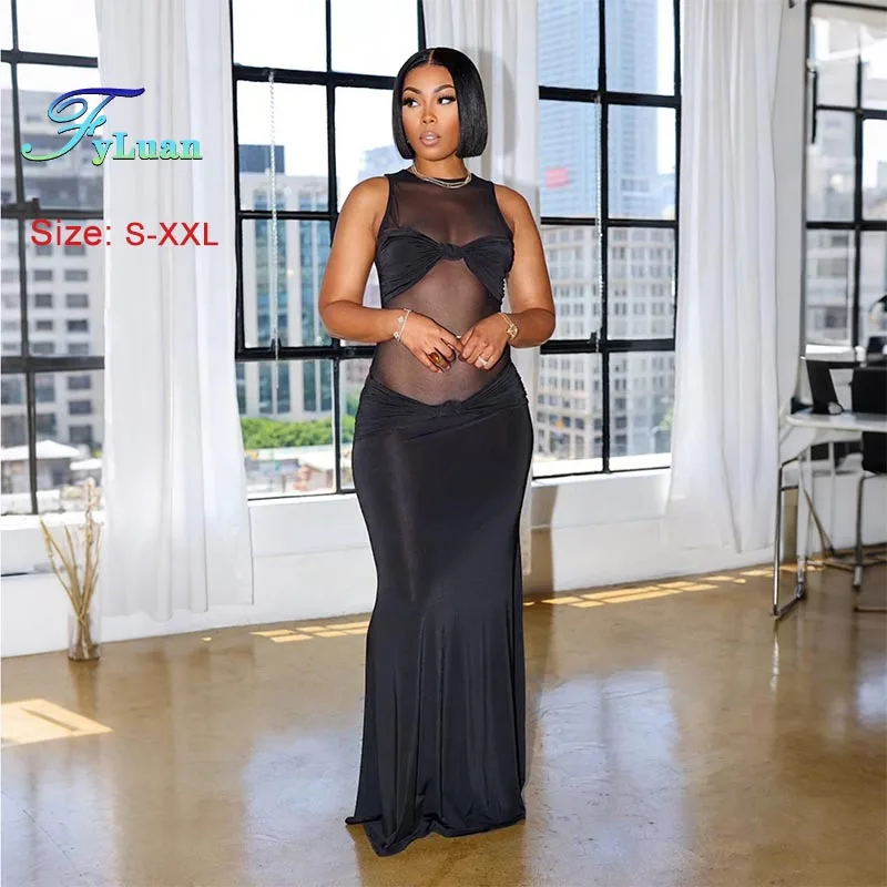 2025年新作 ブラック レディース ロングドレス セクシー シースルー メッシュ ボディコン ドレス ラウンドネック ノースリーブ マキシドレス ファッション パーティー イブニングドレス