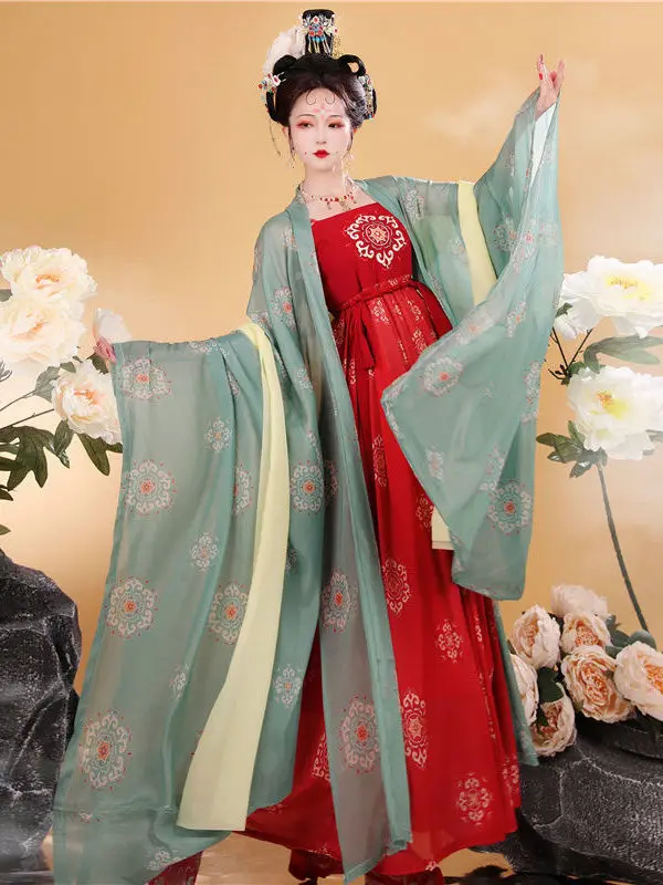 Hanfu Jurk Vrouwen Chinese Traditionele Cosplay Kostuum Tang Dynastie Oude Hanfu Zomerjurk Rode En Groene Podium Dansjurk