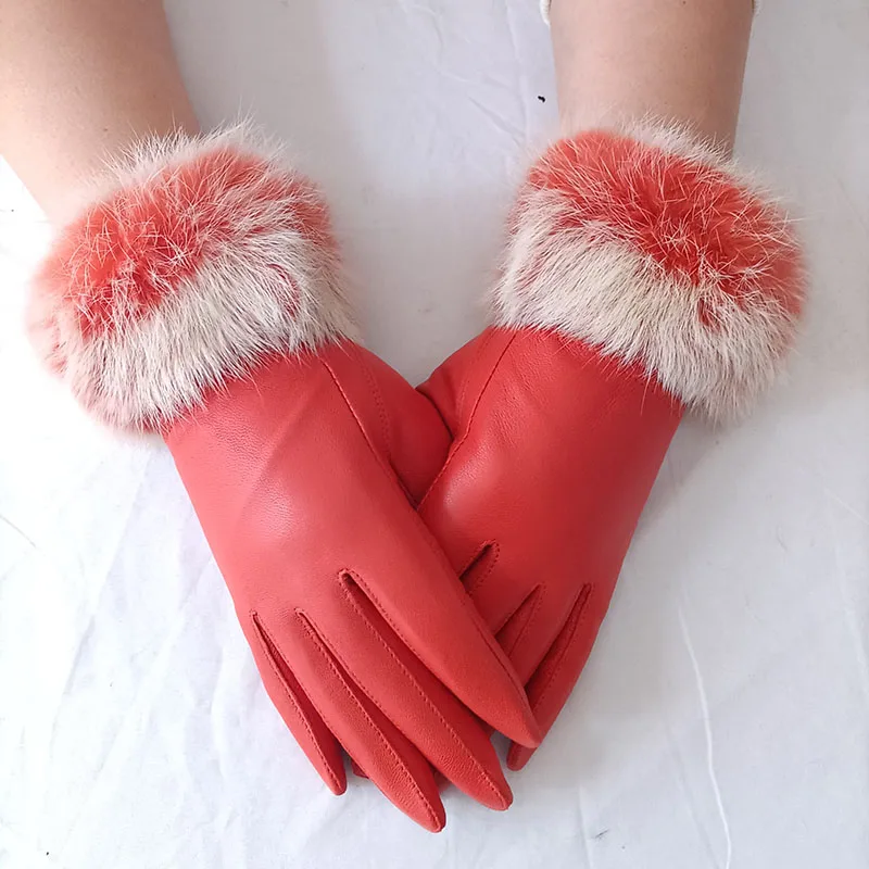 2024 Women Winter Real Sheepskin Gloves With Real Fur Cuff Warm Genuine Fur Trim Leather Glove