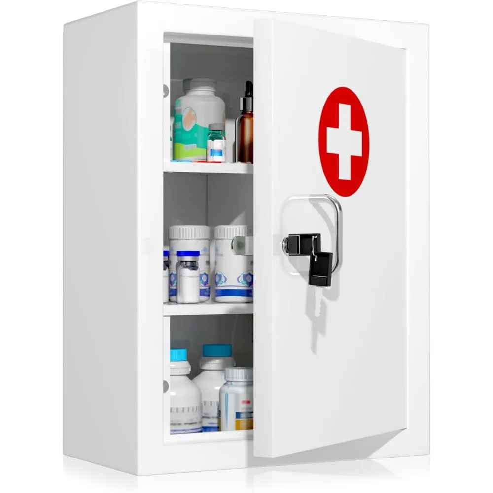 Lockable Wall Medicine Cabinet White Metal First Aid Storage Childproof Family Safety