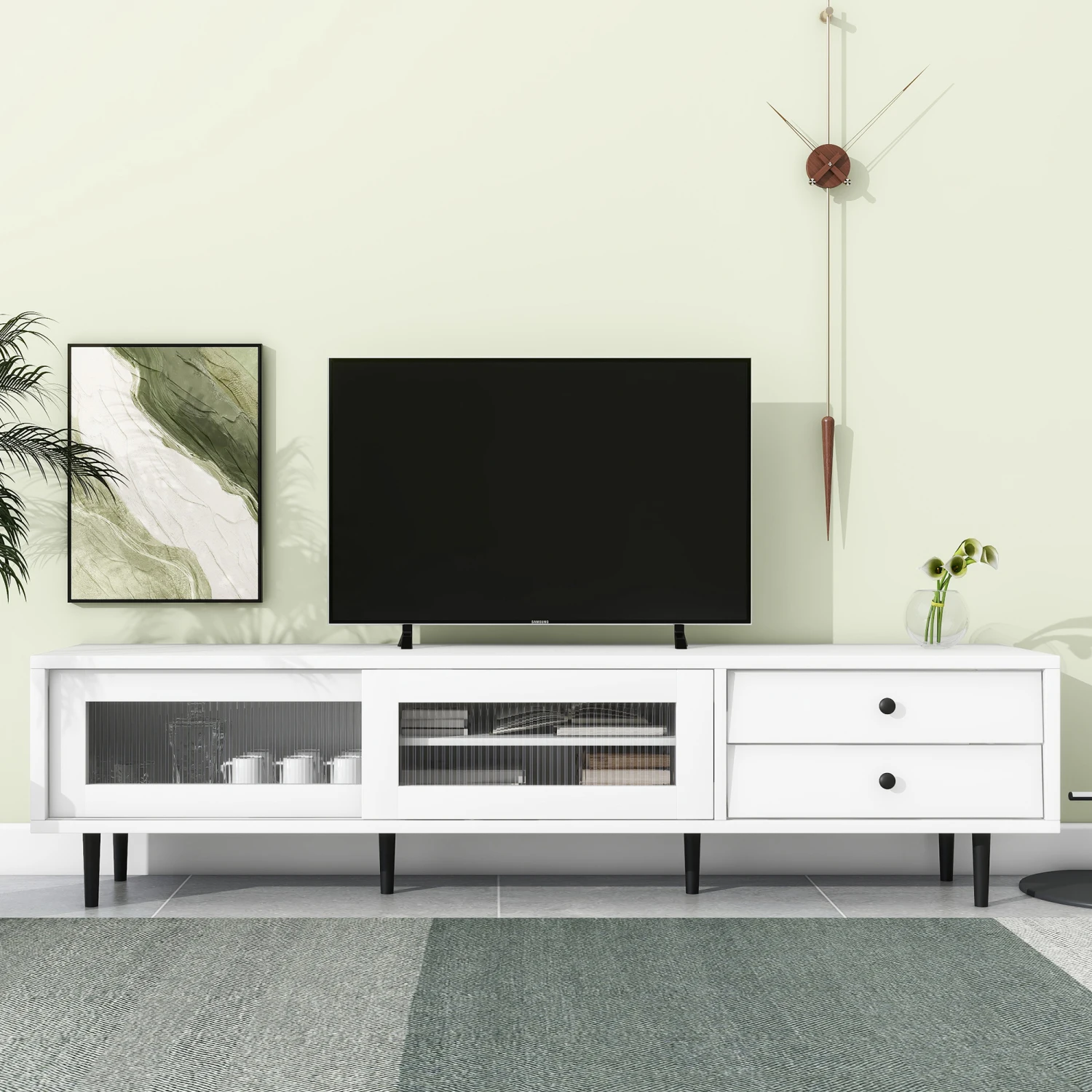 

ON-TREND Chic Elegant Design TV Stand with Sliding Fluted Glass Doors, Slanted Drawers Media Console for TVs Up to 75", Modern T