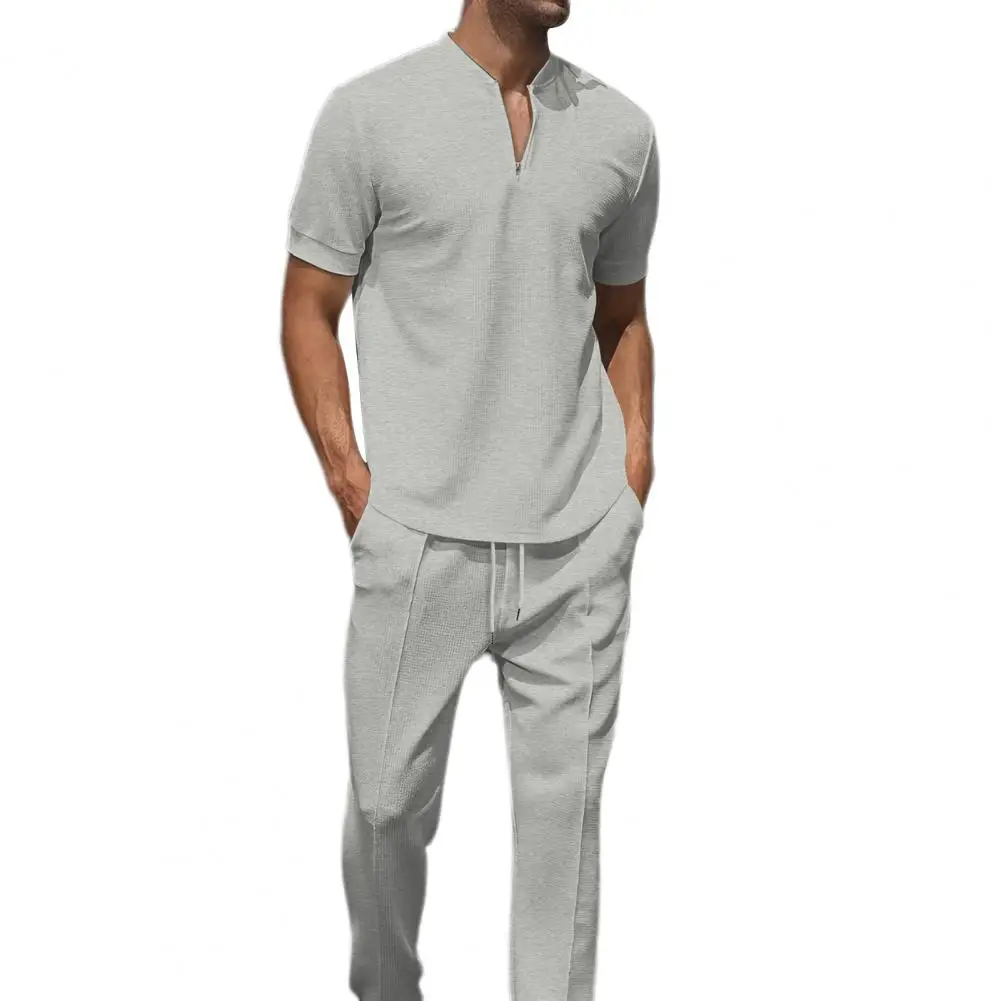 Conjunto de roupa casual de cor sólida masculina, gola com zíper, tops com decote, cintura elástica para vários, elegante