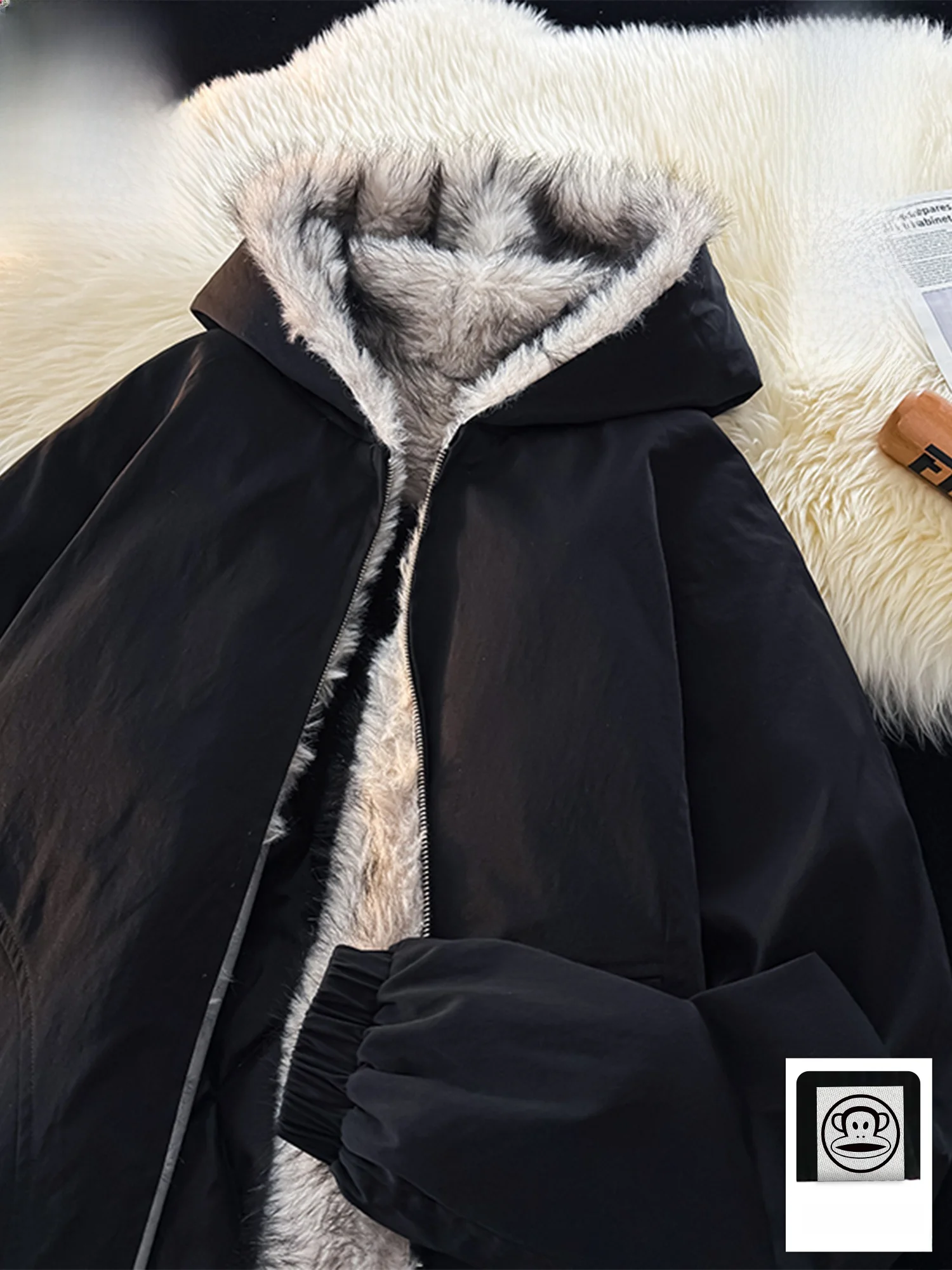 

PaulFrank Warm Hooded Men's Jaet Large Mouth Monkey Fur Collar Cotton Coat Thiened Winter Outerwear Cleanfit Loose Fit