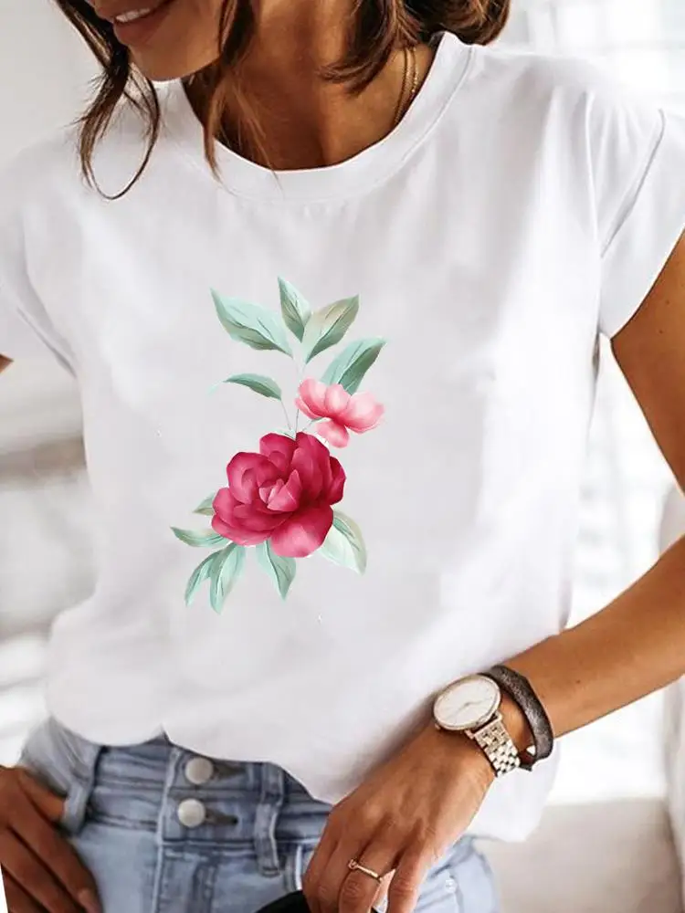 Flower Lovely Sweet Watercolor Fashion Lady Graphic Tee Clothes Short Sleeve T Clothing Print Women Female Casual T-shirts